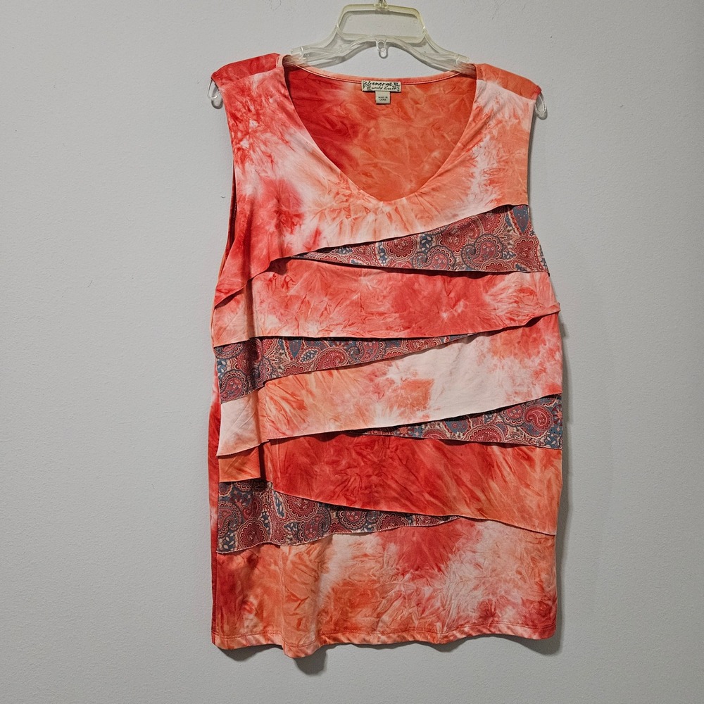 Energe World Wear Womens XL Orange Tie Dye Tiered Paisley V-Neck Tank Top Boho